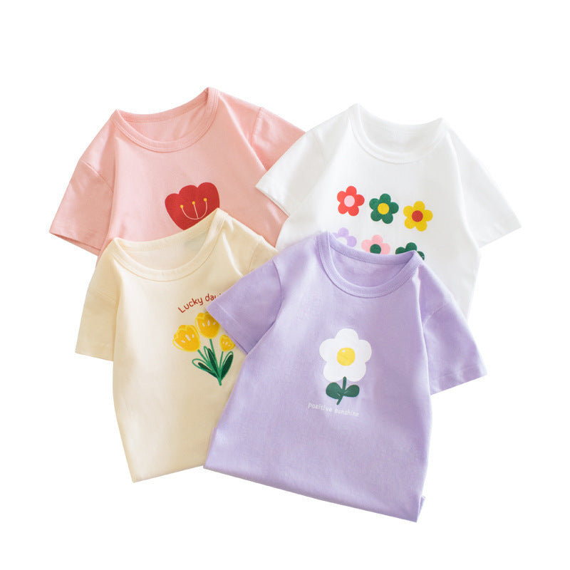 Short-sleeved T-shirt For Girls Flower Print Top