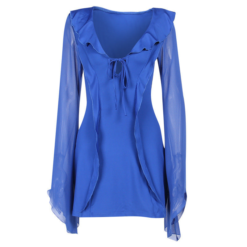 Robe sexy à volants, col en V, lacets, manches longues, jupe tendance Y2K, robes courtes slim couvrant les hanches pour femmes