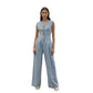 V-neck Double-breasted Sleeveless Wide Leg Overall Jeans
