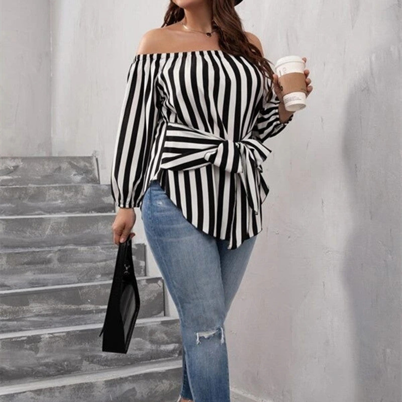 European And American Black And White Striped Fashion Off-shoulder Shirt