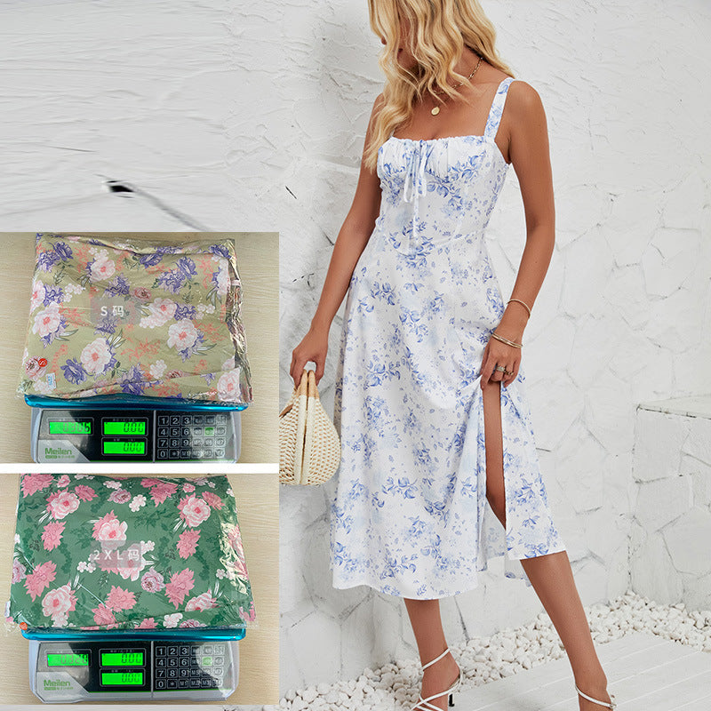 French-style Slip Dress With Side Slit And Print For Women