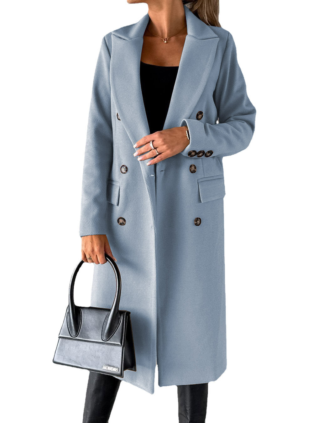 Manteau à manches longues et revers pour femme, veste longue et slim, couleur unie, à double boutonnage, tendance hiver