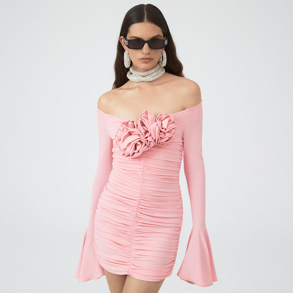 Bell Sleeve Floral Dress Pleating Tube Top Dress Method