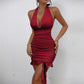 Halter Bodycon Dress With Sexy Pleats And Ruffled Hem For Women