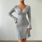 Women's Simple And Elegant Gray Dress With Flared Sleeves And Slim-fit Short Skirt