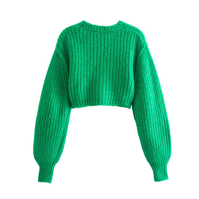 Women's Fashion Round Neck Solid Color Cropped Sweater