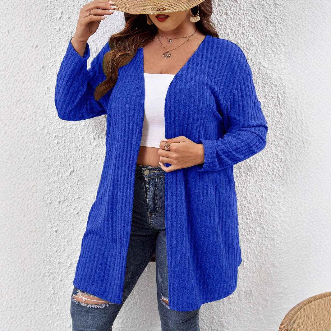 Cardigan mi-long à rayures profondes et manches longues pour femme, couleur unie, col en V, grande taille