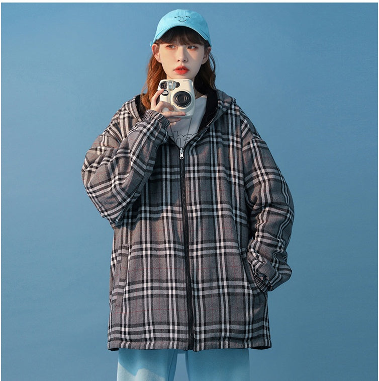 Unisex Color Matching Plaid Loose Long-sleeved Hooded Loose Double-sided Coat
