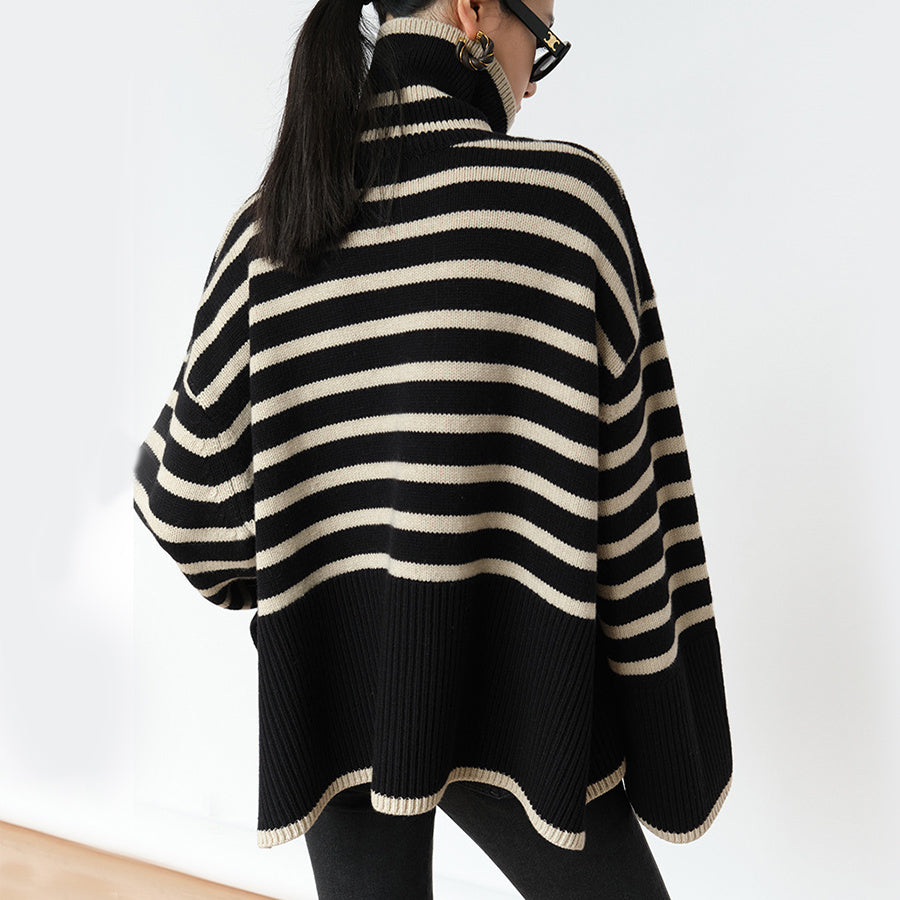 Pull à col roulé rayé tendance, décontracté, ample, fendu, design, hauts d'hiver, vêtements pour femmes