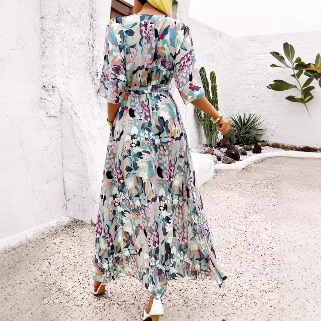 Elegant Chic Printed Lace-up Split Dress