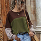 Contrasting Color Stitching Waffle Round Neck Long-sleeved Blouse Women