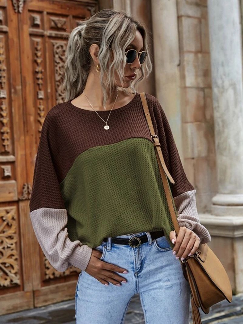 Contrasting Color Stitching Waffle Round Neck Long-sleeved Blouse Women