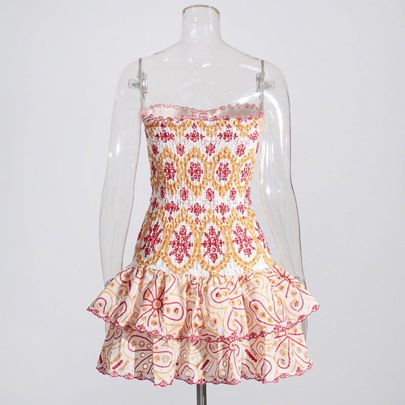 Tube Top Embroidered Cut-out Ruffled Dress Waist Slimming