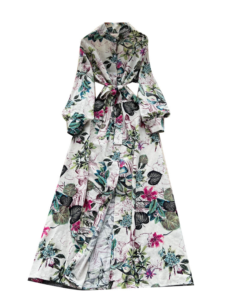 French-style Retro Elegant Single-Breasted Lace-Up Waist Floral Print Dress For Women