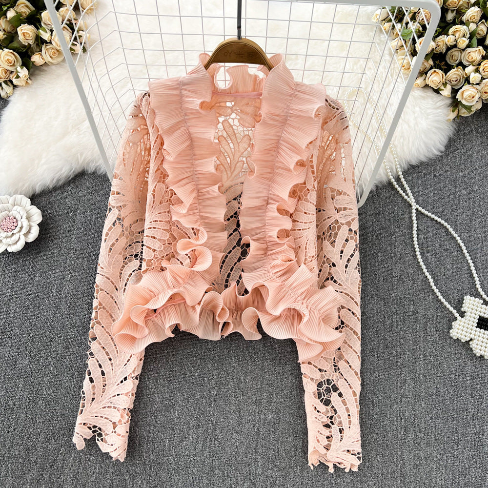 Retro Temperament V-neck Ruffled Lace Top