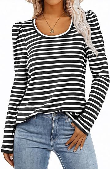 Women's Long-sleeved Round Collar T-shirt Puff Sleeve