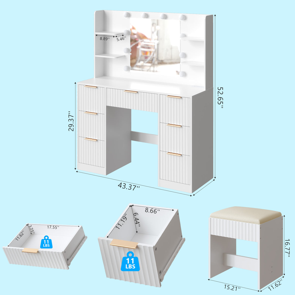 White Vanity Desk With Mirror And Lights, Modern Makeup Vanity Table W-7 Drawers And 4 Storage Shelves, Bedroom Dressing Table With Cushioned Stool, 10 LED Lights, 3 Lighting Modes White