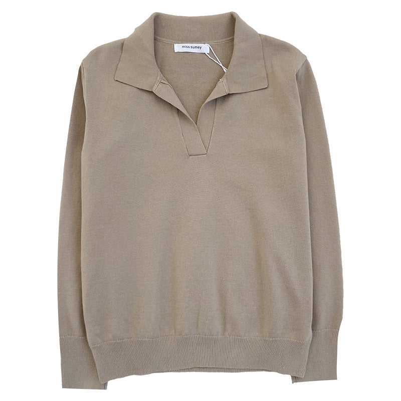 Women's Temperament Simple Lapel Slim Fit Long Sleeve Knit Sweater