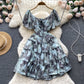 New Summer Light-Luxury Court-Style Oil-Paint French-Print Waist-Cinching Dress