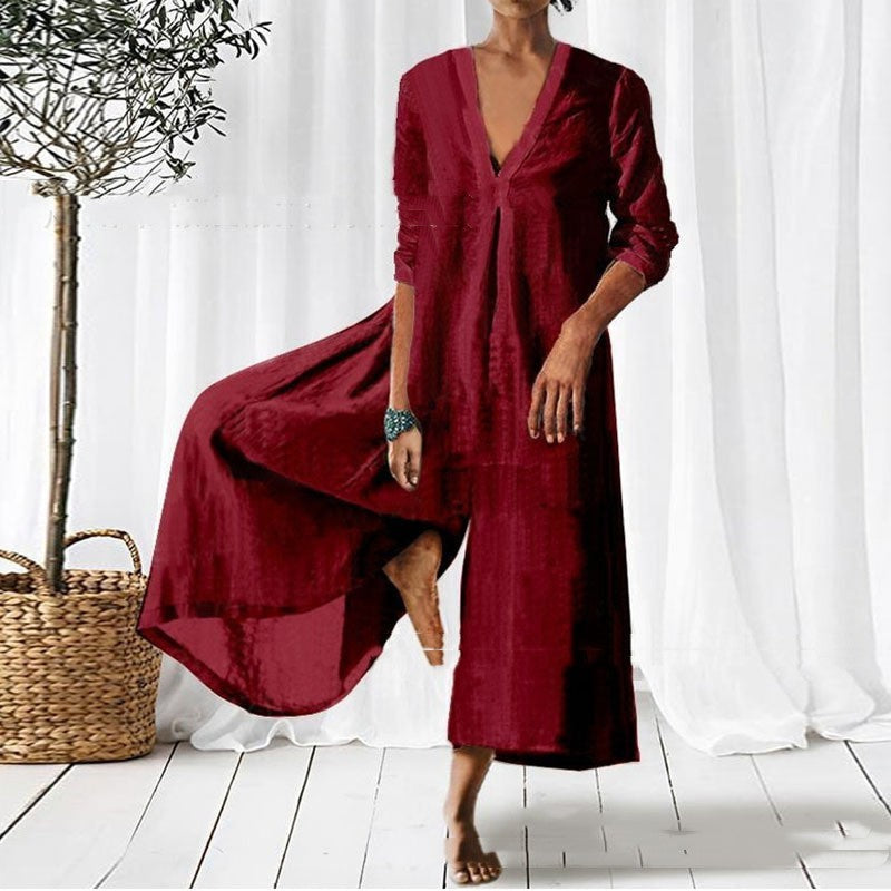 Loose V-neck Long Jumpsuit For Women