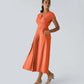 Solid Color Overlapping V-neck Short Sleeve Side Pocket Lace-up Quick-drying Mid-length Casual Dress