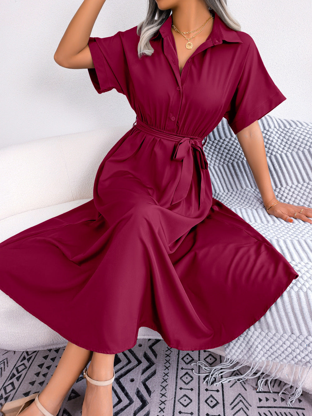 Robe chemise ample nouée de couleur pure, style européen et américain