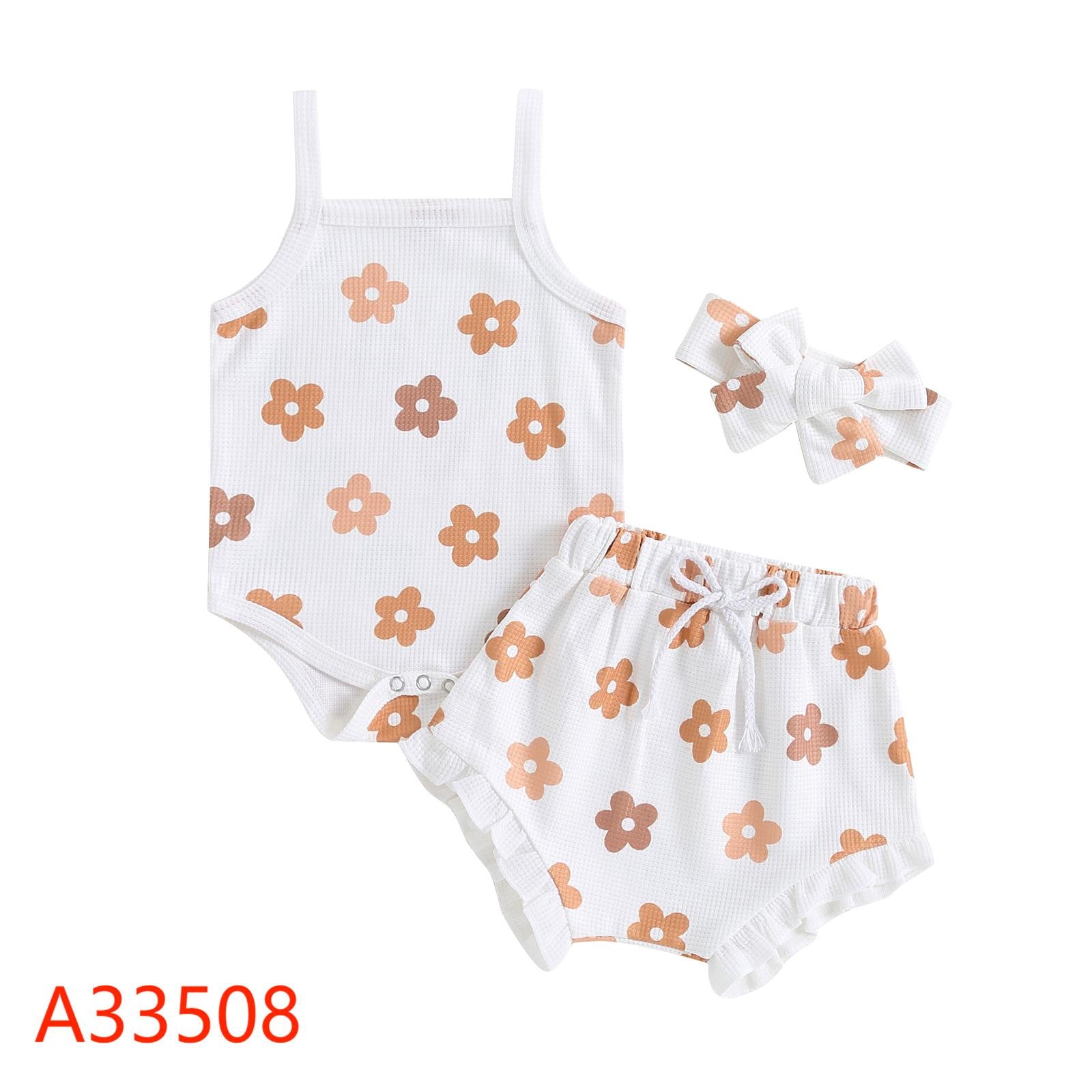 Flower Print Sling Romper Shorts Headscarf Three-piece Set