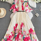 Round Neck Waist Trimming Slimming A- Line Pleated Printed Dress