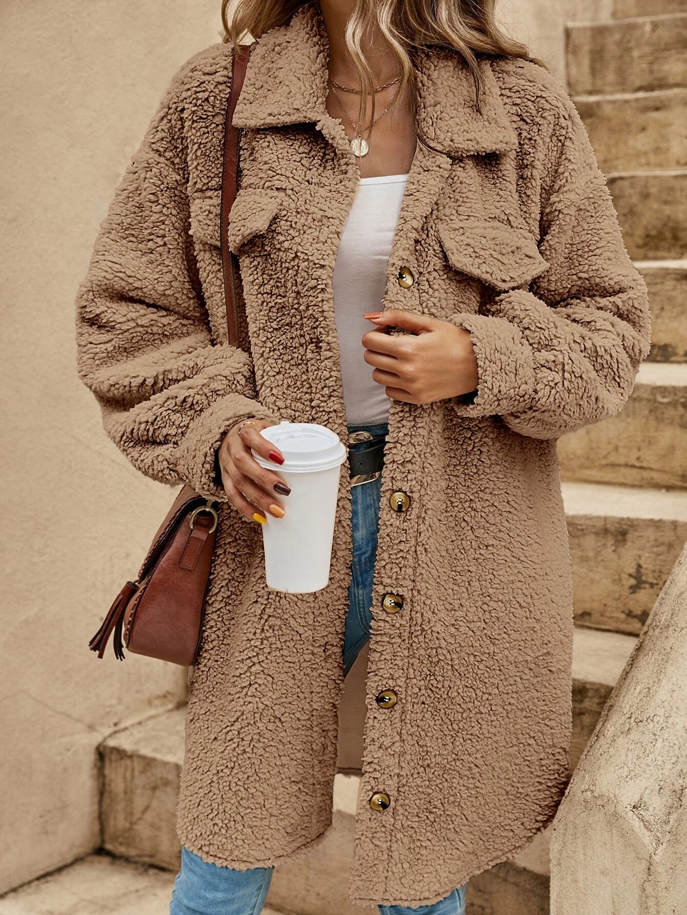 New European And American Winter Open Button Lapel Plush Coat Loose Long-cut Coat Women