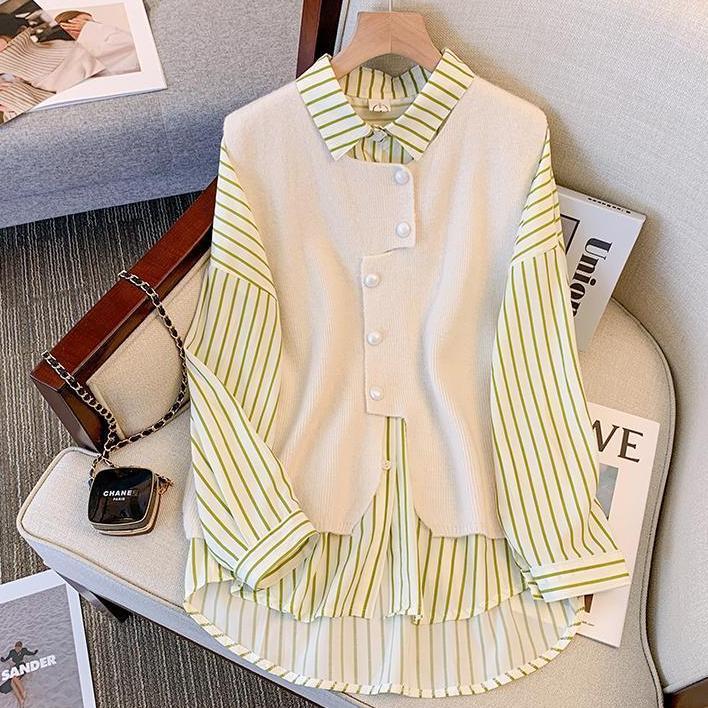 Shirt-vest Faux Two-piece Set That Flatters Curvy Figures And Subtly Covers The Tummy