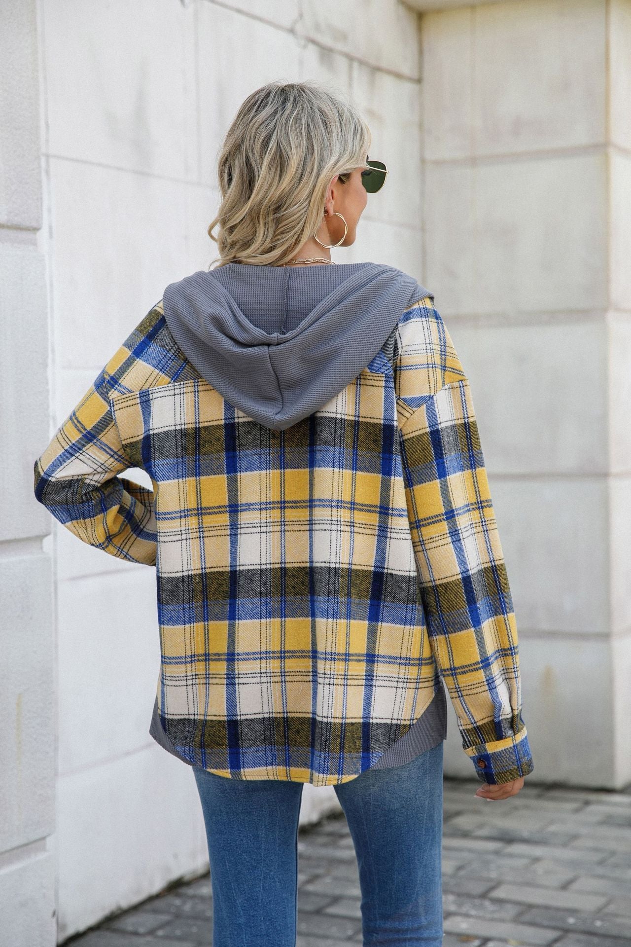Women's Hooded Spliced Plaid Blouse Woolen Coat