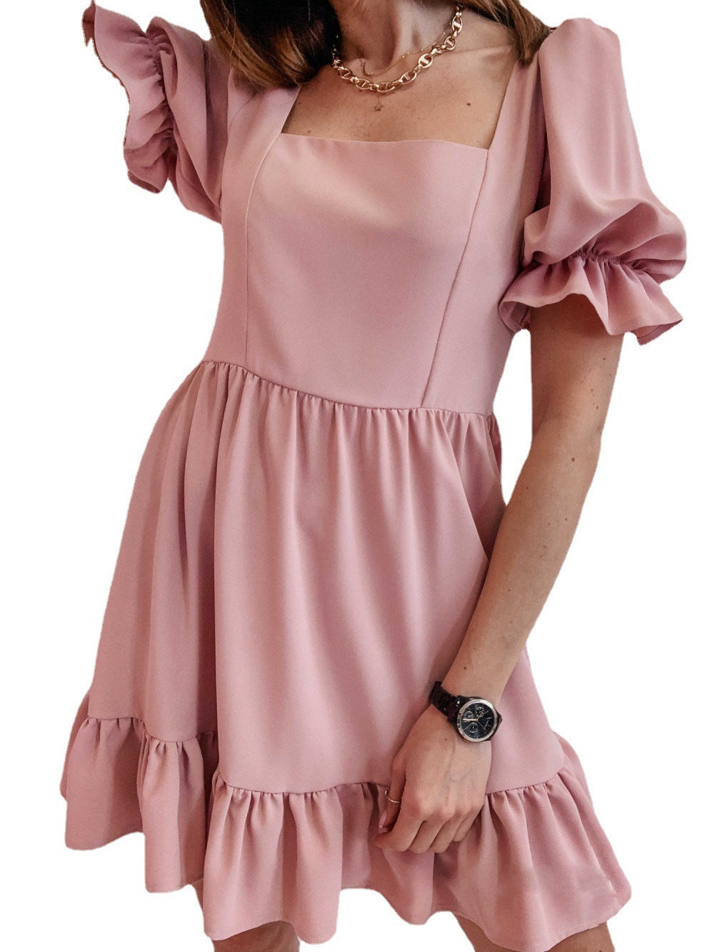 Short Sleeve Stitching Loose Solid Color Dress