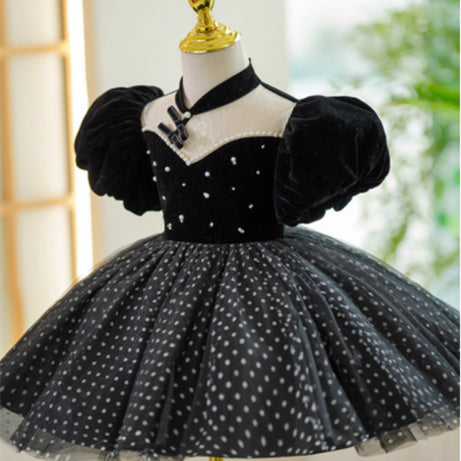 Girl's Flounced Sleeve Dot Mesh Princess Dress