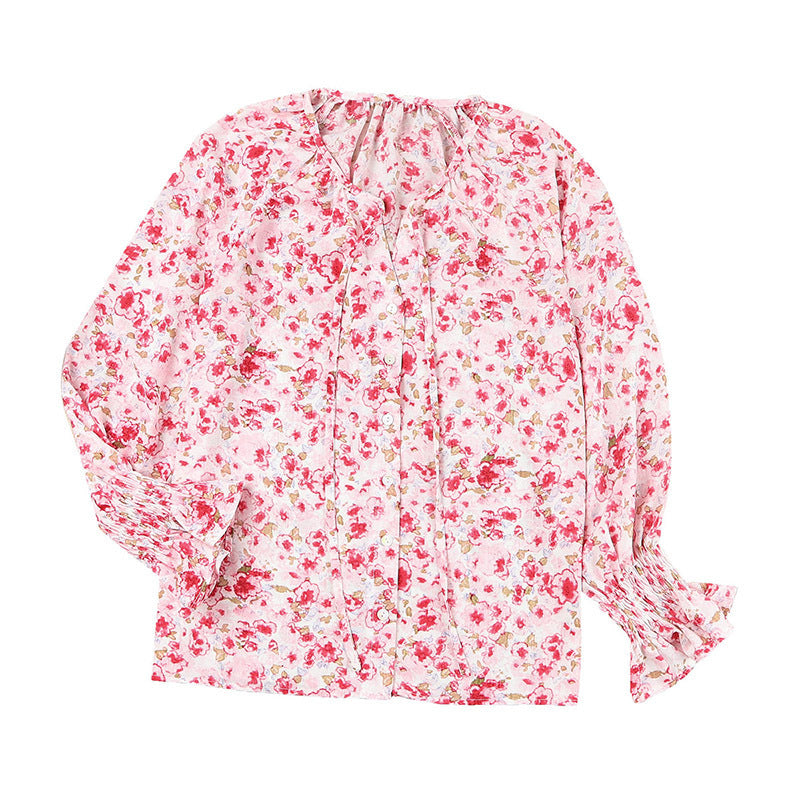 Women's Loose V-neck Casual Long-sleeved Floral Chiffon Shirt