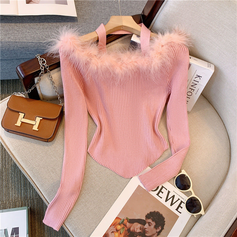 Super Fairy Fur Collar Off-shoulder Sweater Women's Design Sense Niche Off-shoulder Slim Top