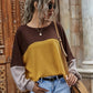 Contrasting Color Stitching Waffle Round Neck Long-sleeved Blouse Women