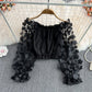 One-shoulder Three-dimensional Flower See-through Mesh Stitching Ladies Top
