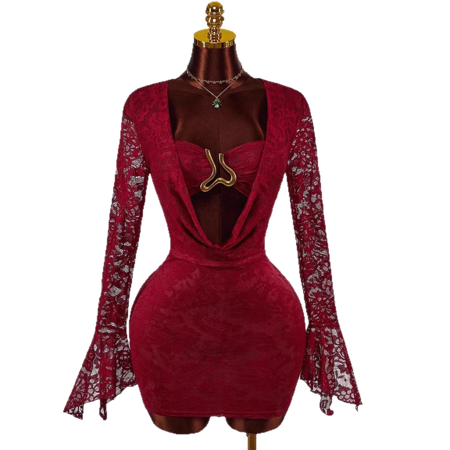 Lace Sheer Patchwork Metal-Trimmed Bodycon Mini Dress