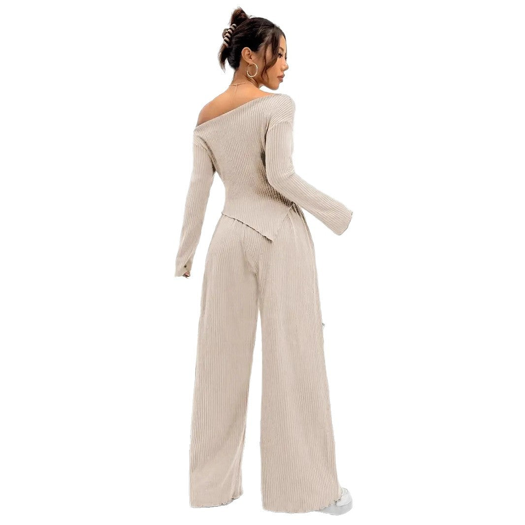 Solid-color Elegant Off-shoulder Sleeveless Shirt And Wide-leg Pants Set For Women