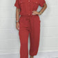 All-matching Solid Color Casual Polo Collar Shirt Wide Leg Jumpsuit For Women