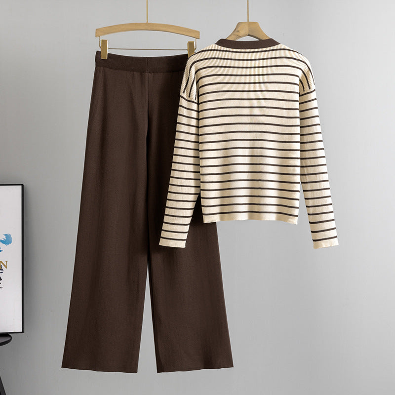 Fake Two-Piece Knitted Cardigan Top And Wide-Leg Pants Set