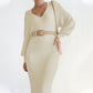 Elegant Retro Lightly Mature Lantern Sleeve V-neck Solid Color Knitted Sweater Dress