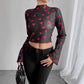 Mesh Floral Print Round-neck Flared Sleeves Long Sleeve
