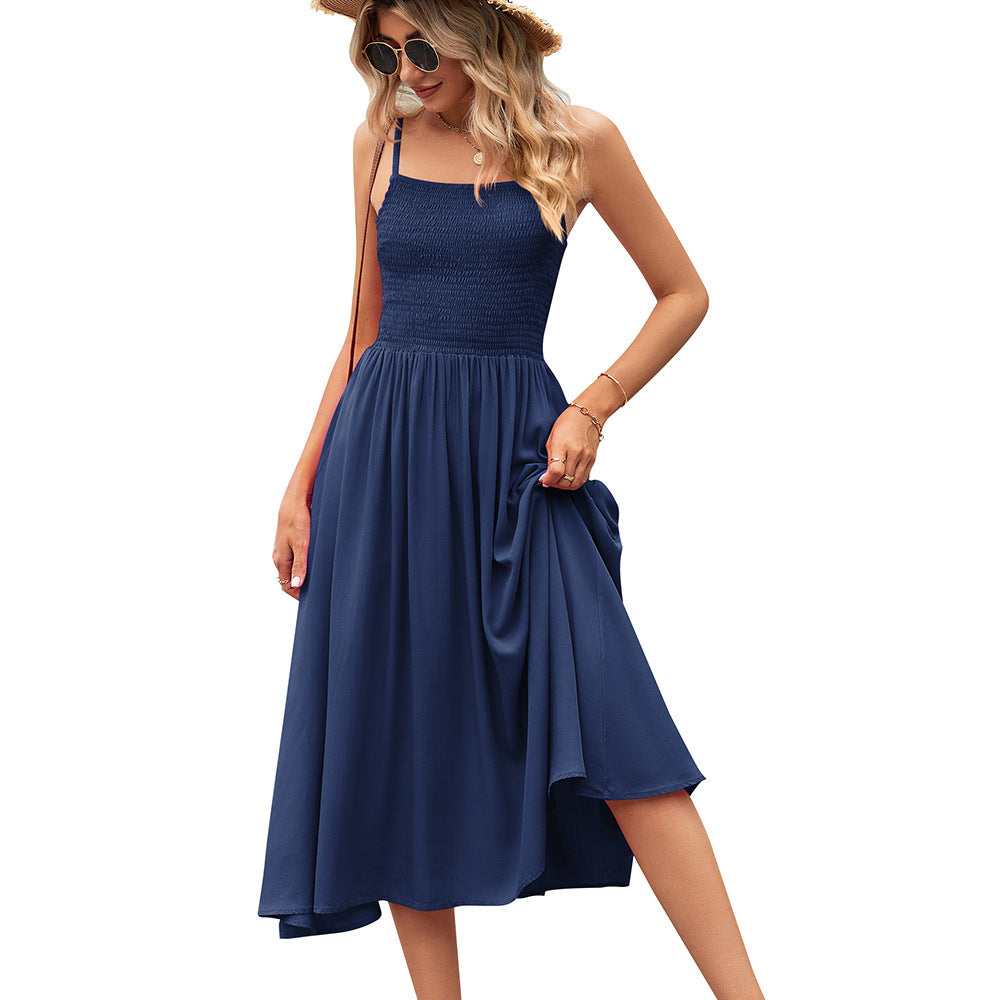 Women's Square Collar Pleating Bohemian Strap Dress