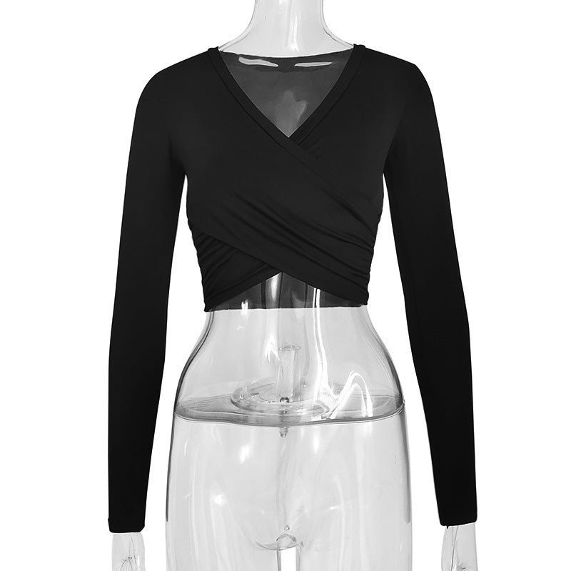 Women's Clothing Cross V-neck Stitching Slim-fit Long-sleeved Bottoming Shirt