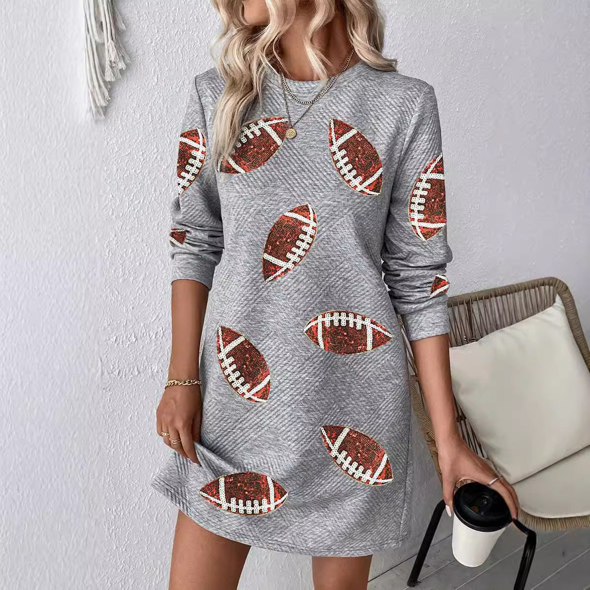 Robe pull à manches longues et col rond pour femme, imprimée rugby