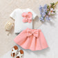 Flower Short Sleeves With Bow Puff Skirt Set