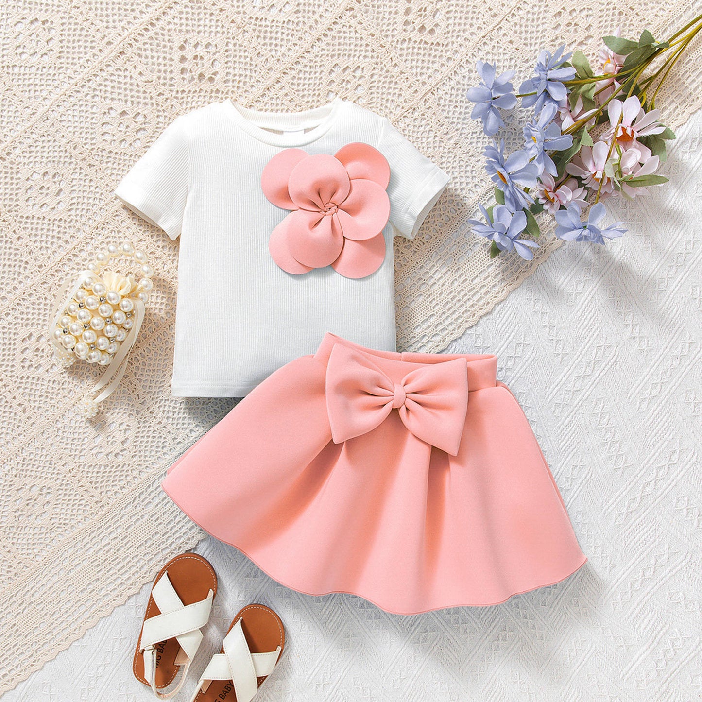 Flower Short Sleeves With Bow Puff Skirt Set