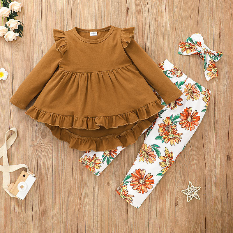 Girls' Lotus Leaf Lace Skirt And Trousers Suit