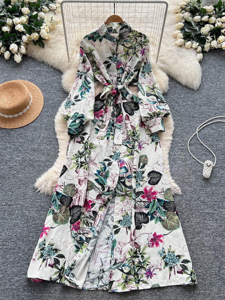 French-style Retro Elegant Single-Breasted Lace-Up Waist Floral Print Dress For Women